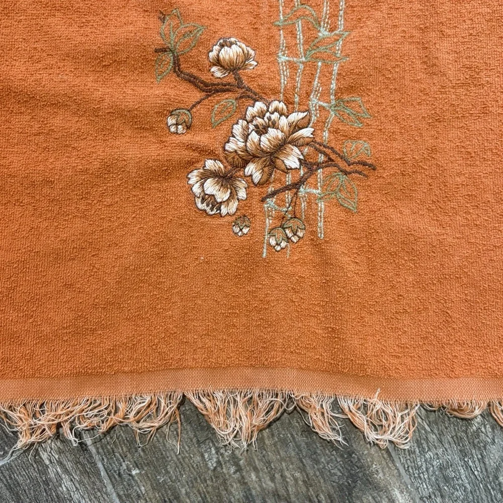 Vtg 1970s Cannon Hand Towel Fringe Embroidered Flowers MCM Orange Made USA